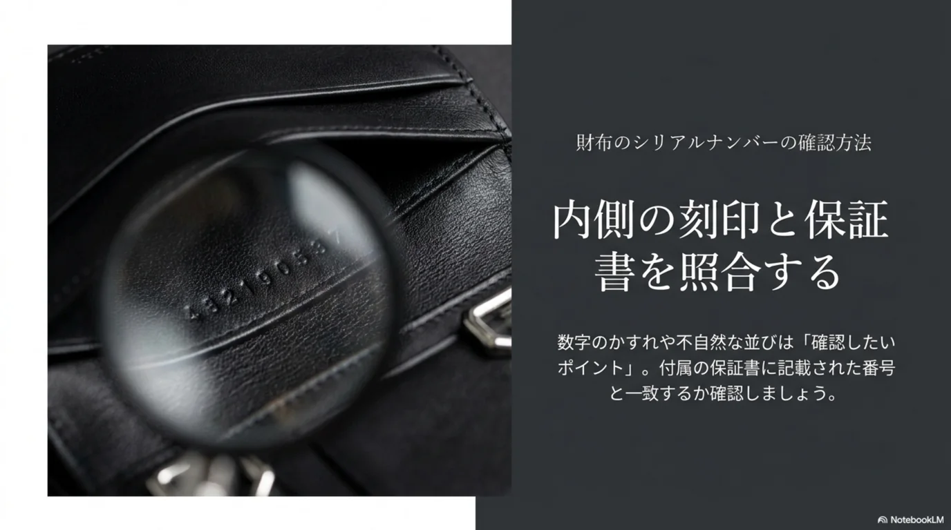 財布の内側の刻印と保証書の番号を照合する確認手順の図