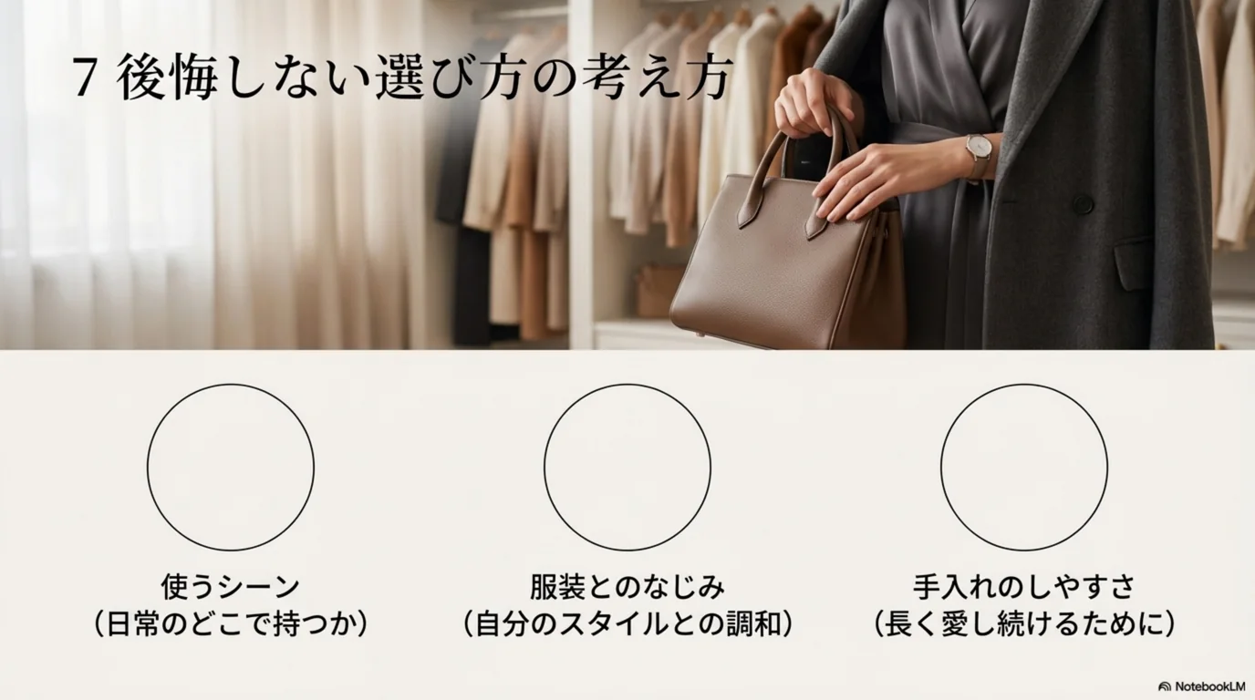 使うシーン、服装とのなじみ、手入れのしやすさという3つの判断軸を示した図