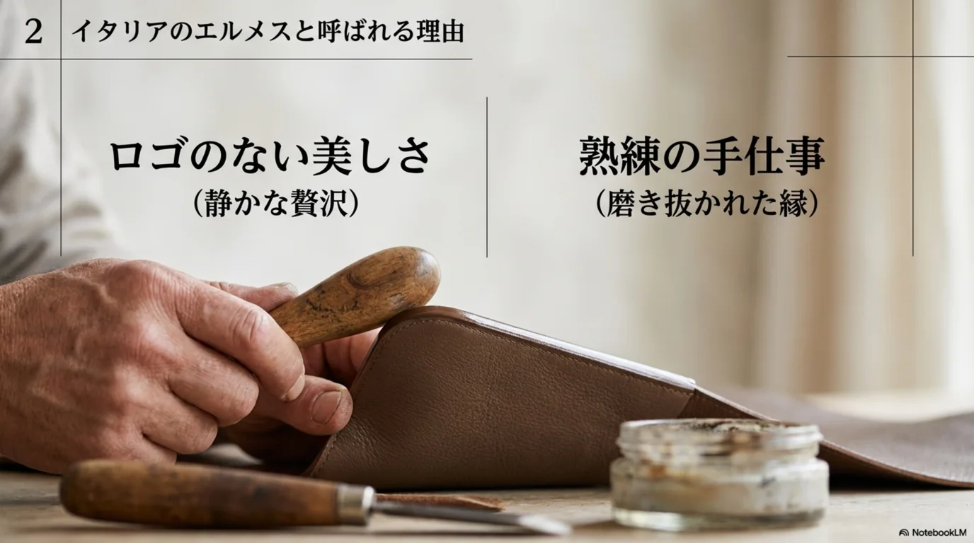 ロゴを出さない静かな贅沢と、磨き抜かれた縁の手仕事を示した図