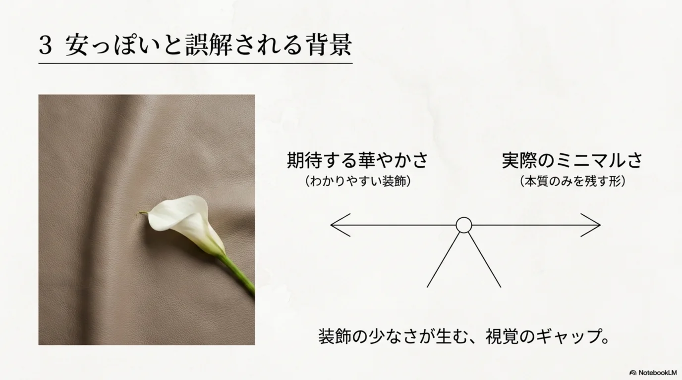 期待される華やかさと実際のミニマルさの差が誤解を生むことを示した図