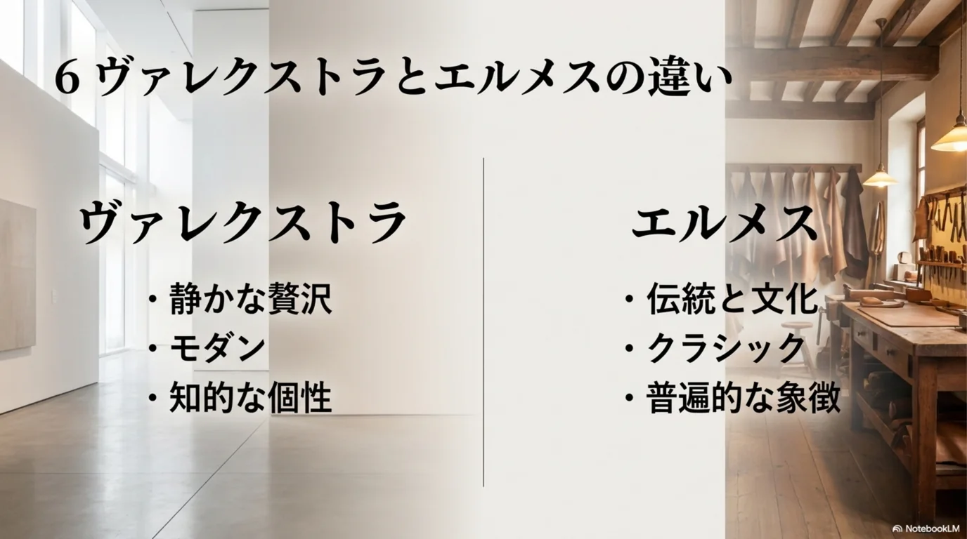 ヴァレクストラは静かな贅沢とモダンさ、エルメスは伝統と普遍的な象徴という違いを並べた図