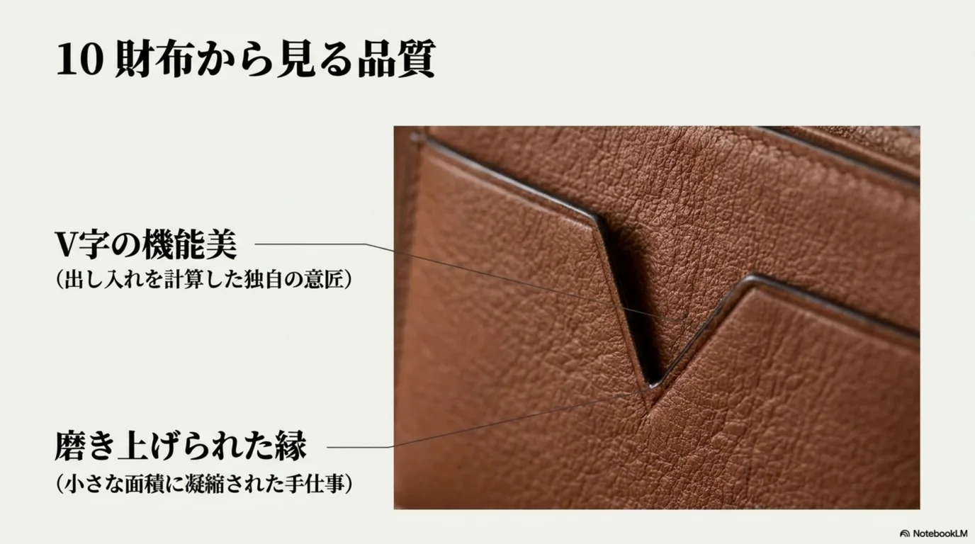 V字の機能美と磨き上げられた縁という財布に表れる手仕事を示した図