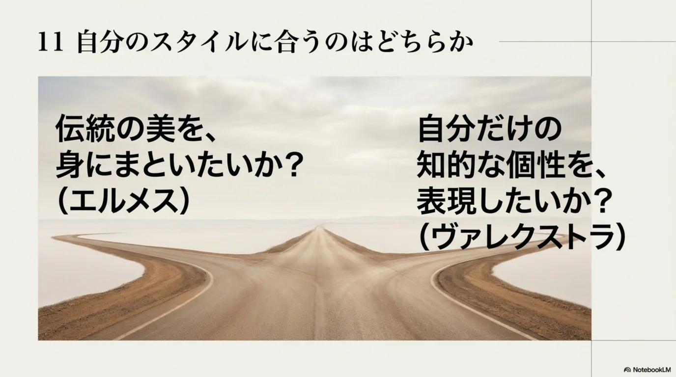 伝統の美をまといたいか、自分の個性を表現したいかという分かれ道を示した図