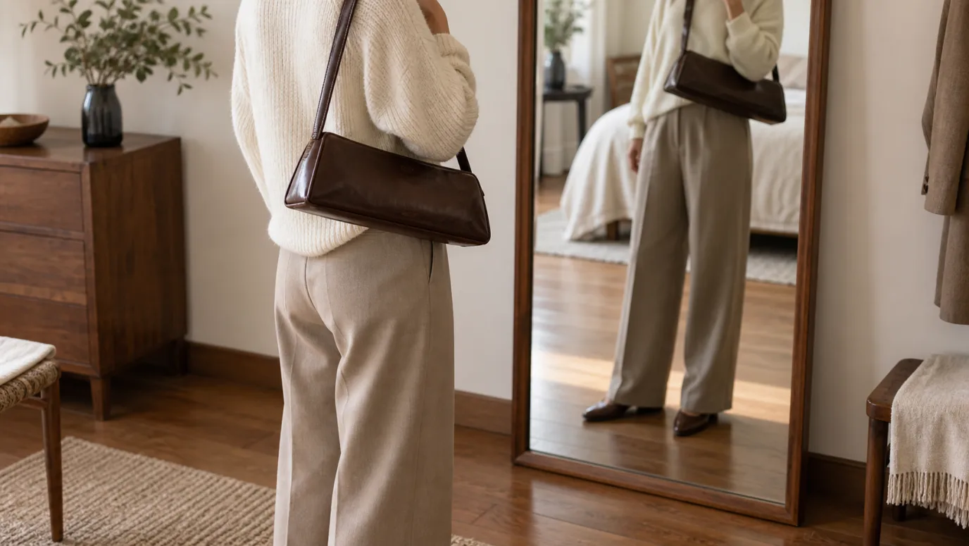 鏡の前で横長バッグと服のバランスを見る様子