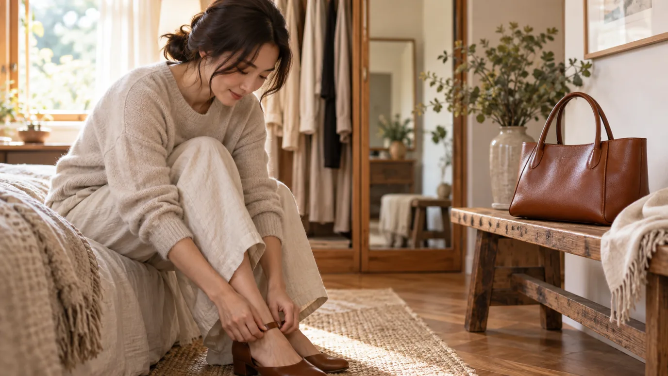 外出前に服とバッグの組み合わせを考える場面