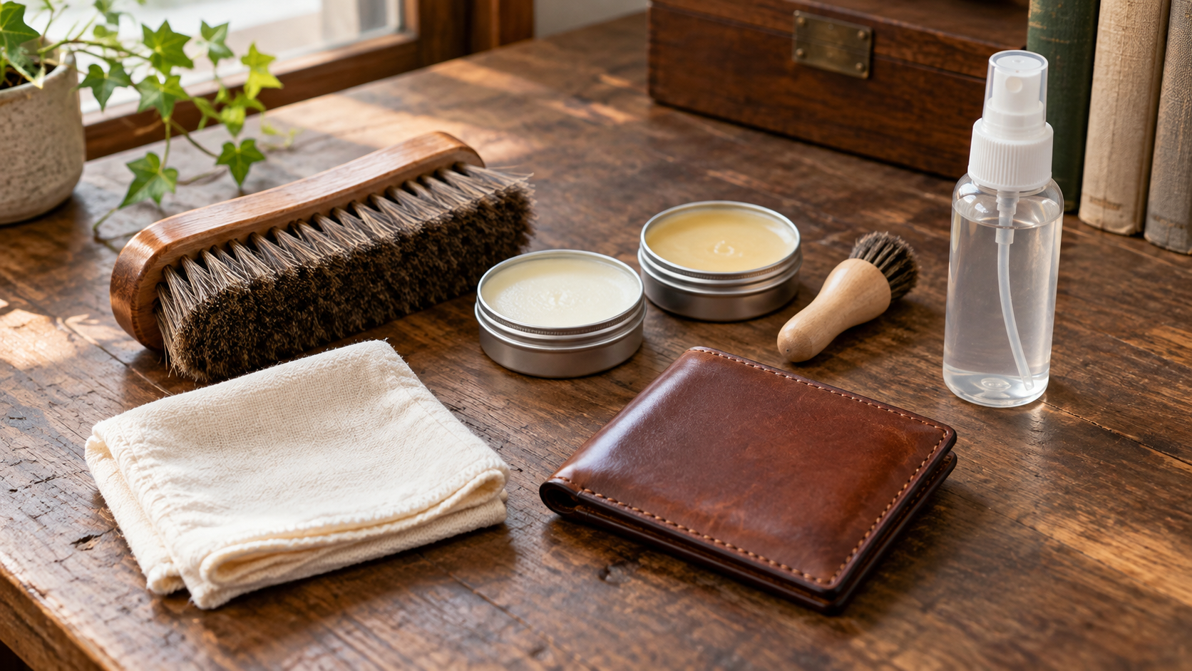 初心者向けの革用クリーム、馬毛ブラシ、クロス、防水スプレーのセット