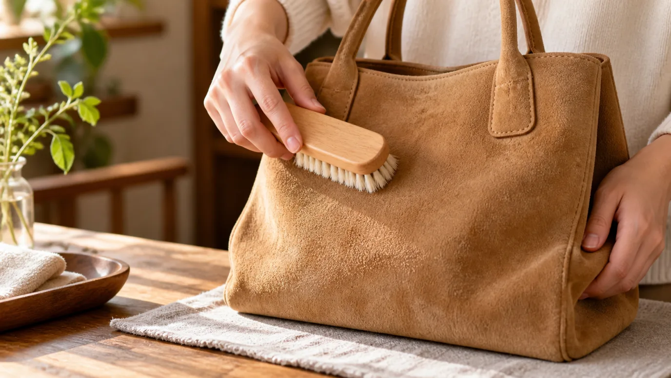 起毛革を専用ブラシで整える様子