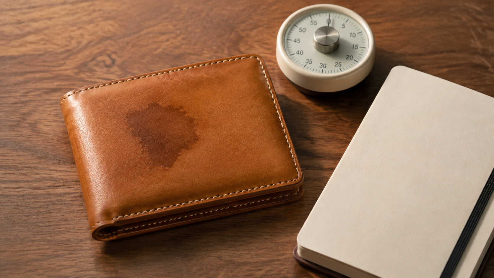 時間を置いて革財布の濃いシミの輪郭を観察する様子