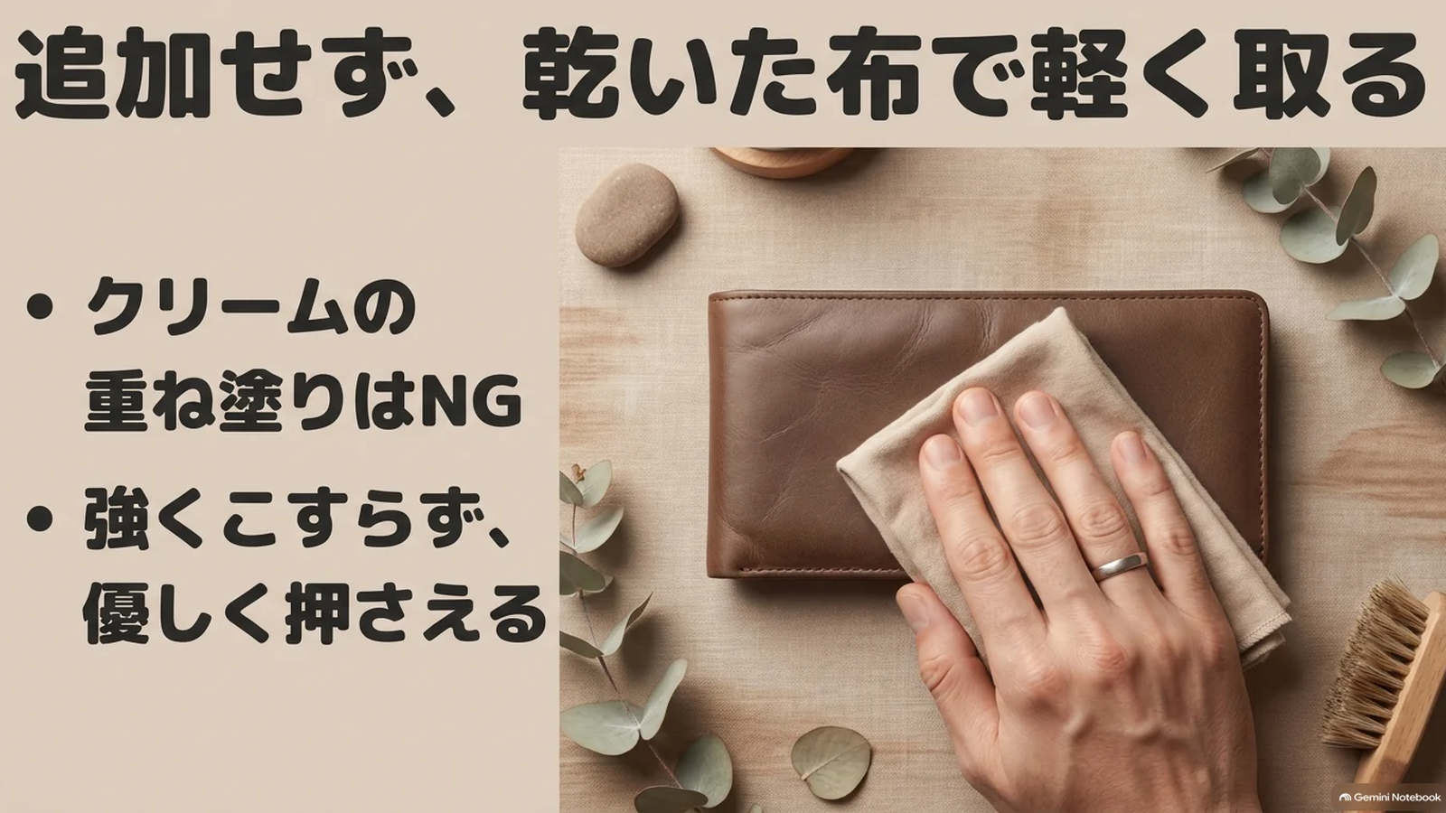 革財布に塗りすぎたクリームを乾いた布で軽く取る初期対応
