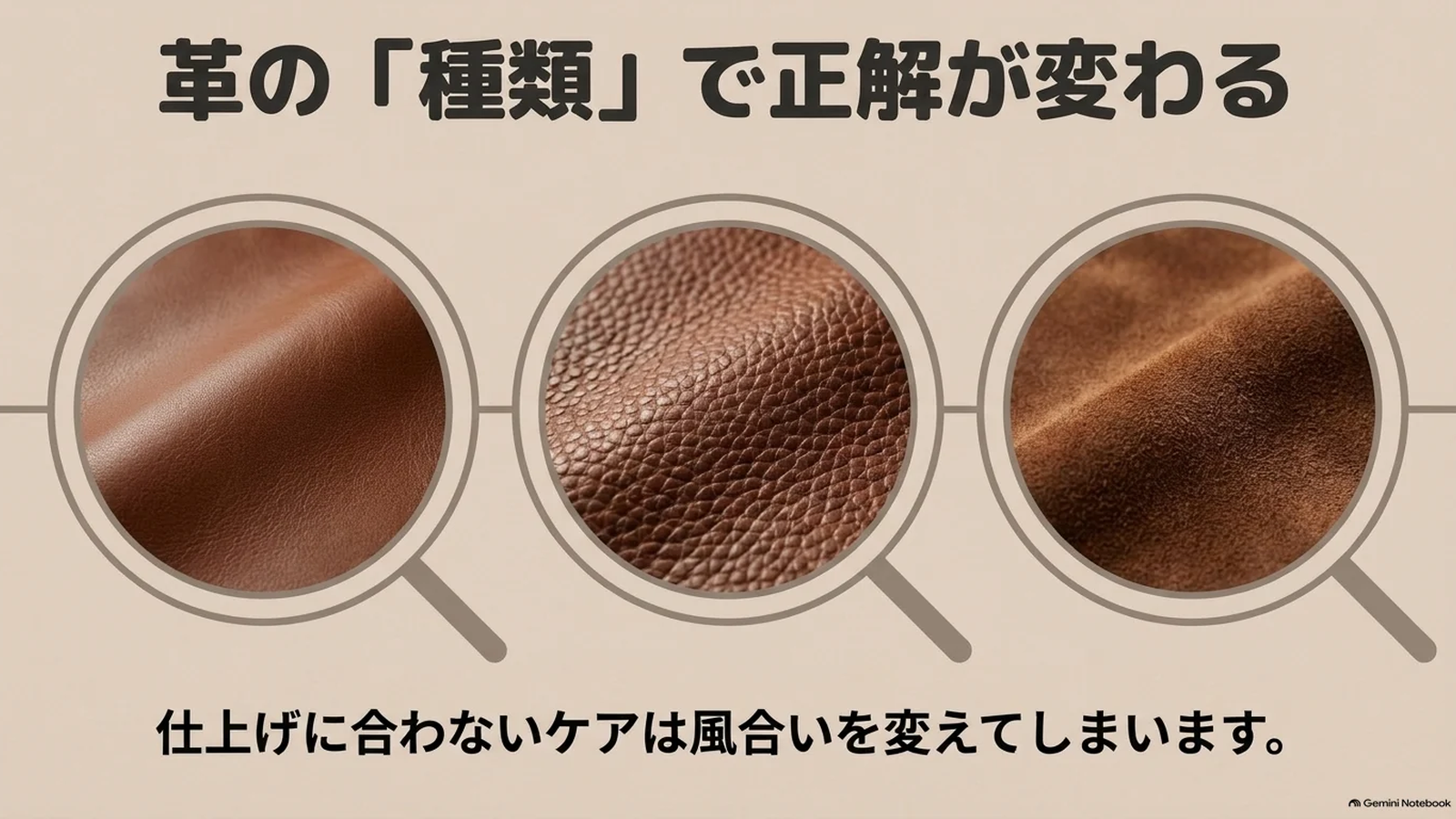 革の種類や仕上げによってケア方法が変わることを示す比較図